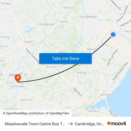 Meadowvale Town Centre Bus Terminal to Cambridge, Ontario map