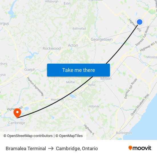 Bramalea Terminal to Cambridge, Ontario map