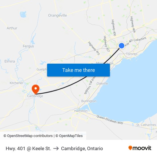 Hwy. 401 @ Keele St. to Cambridge, Ontario map