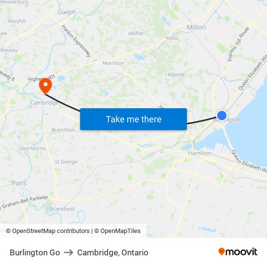 Burlington Go to Cambridge, Ontario map