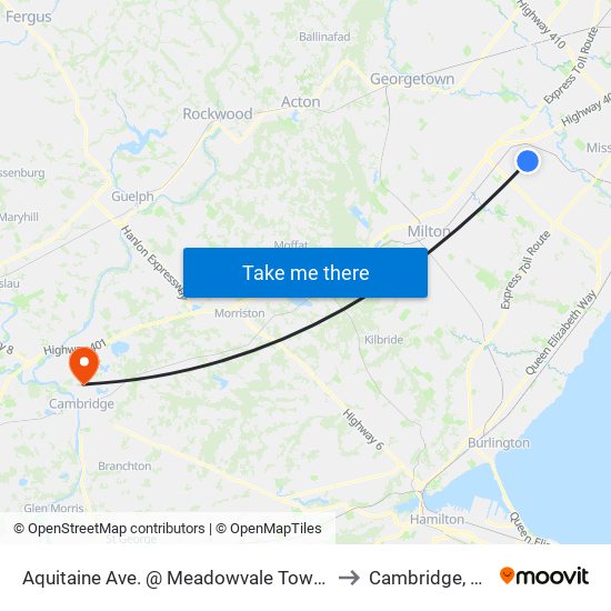 Aquitaine Ave. @ Meadowvale Town Centre Circle to Cambridge, Ontario map