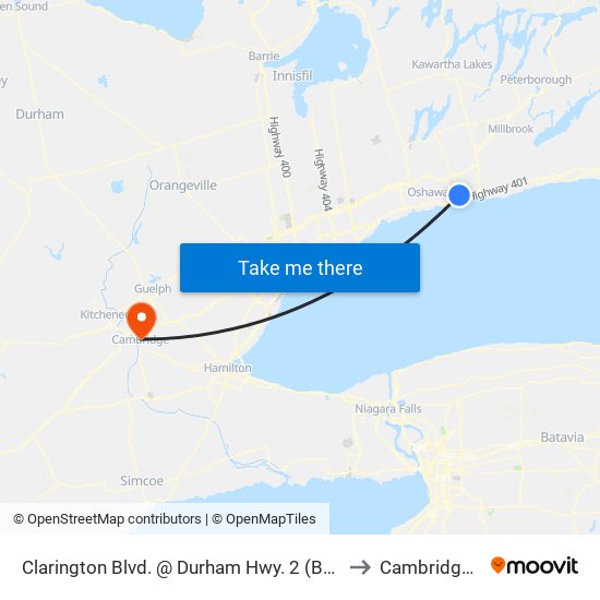 Clarington Blvd. @ Durham Hwy. 2 (Bowmanville) Park & Ride to Cambridge, Ontario map
