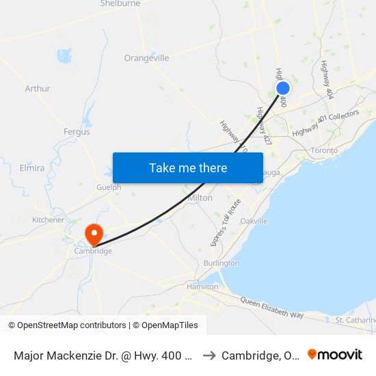 Major Mackenzie Dr. @ Hwy. 400 Park & Ride to Cambridge, Ontario map