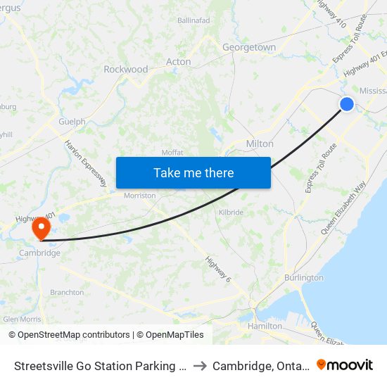 Streetsville Go Station Parking Lot to Cambridge, Ontario map