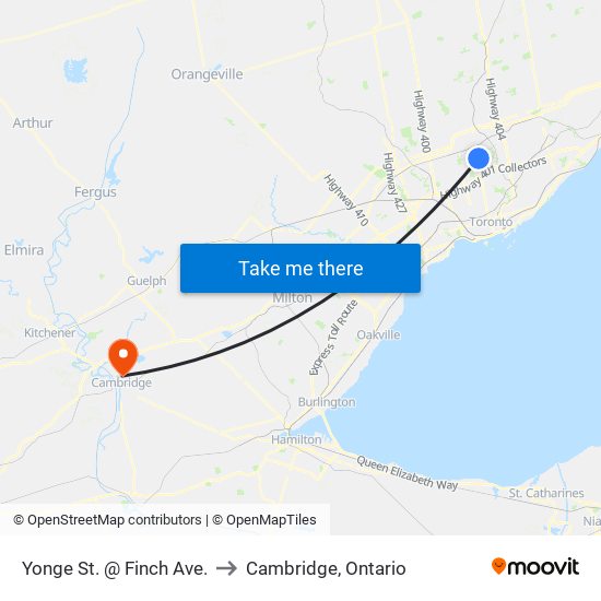 Yonge St. @ Finch Ave. to Cambridge, Ontario map