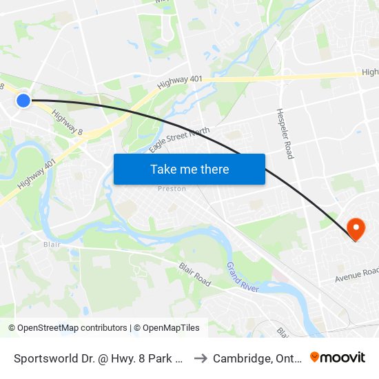 Sportsworld Dr. @ Hwy. 8 Park & Ride to Cambridge, Ontario map