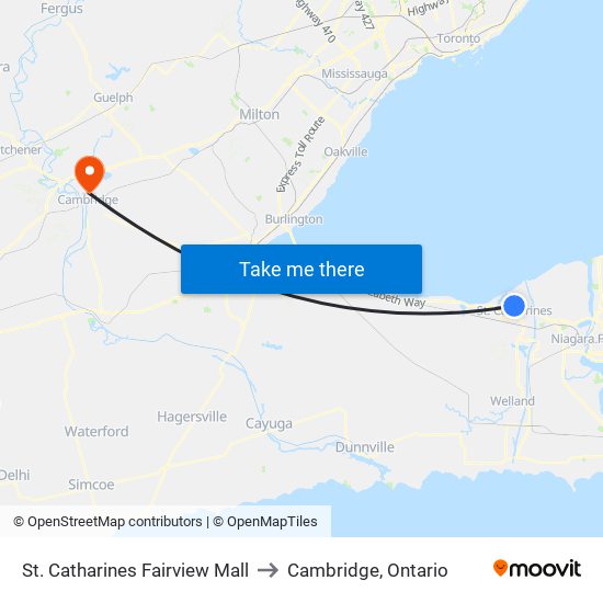 St. Catharines Fairview Mall to Cambridge, Ontario map