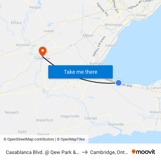 Casablanca Blvd. @ Qew Park & Ride to Cambridge, Ontario map