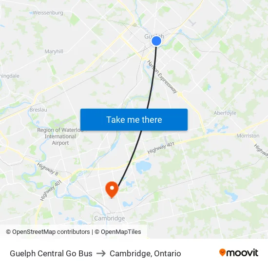Guelph Central Go Bus to Cambridge, Ontario map