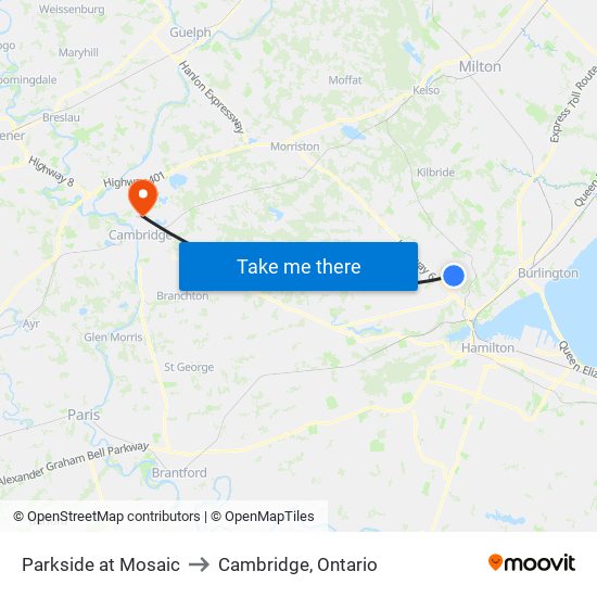 Parkside at Mosaic to Cambridge, Ontario map