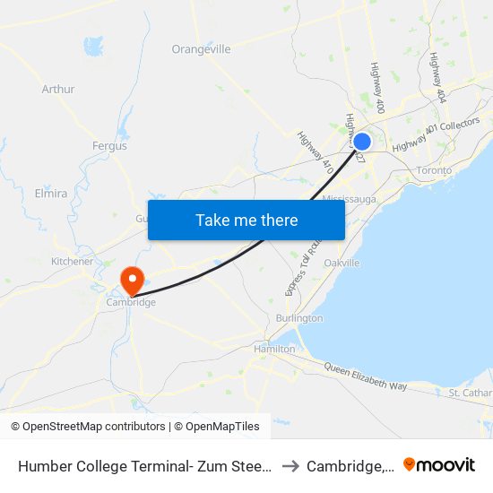 Humber College Terminal- Zum Steeles 511/511a/511c to Cambridge, Ontario map