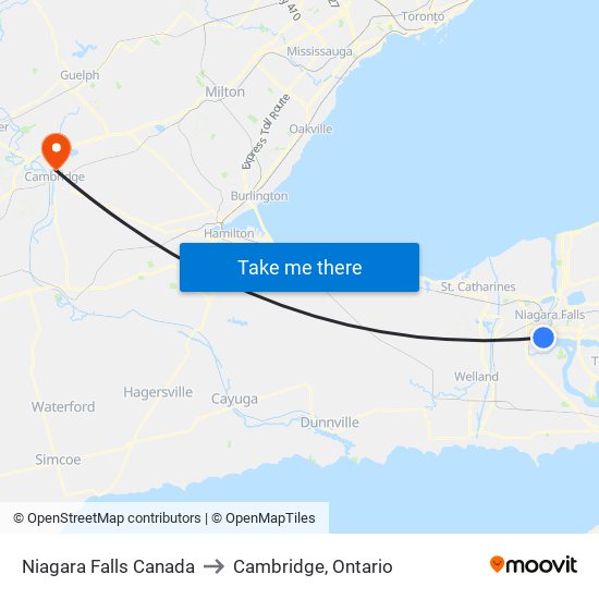 Niagara Falls Canada to Cambridge, Ontario map