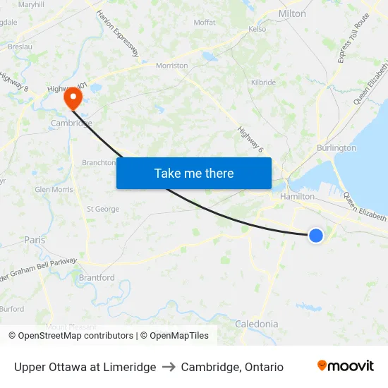 Upper Ottawa at Limeridge to Cambridge, Ontario map
