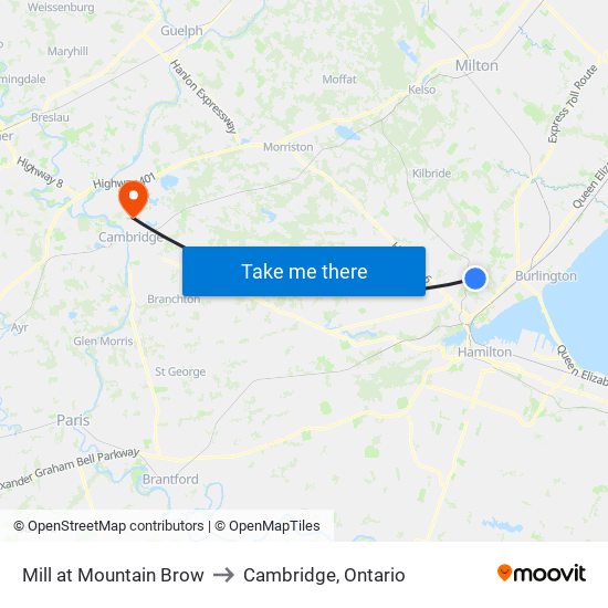 Mill at Mountain Brow to Cambridge, Ontario map