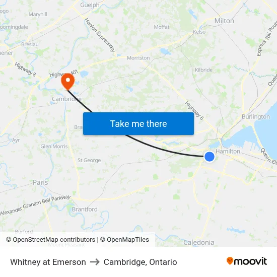 Whitney at Emerson to Cambridge, Ontario map