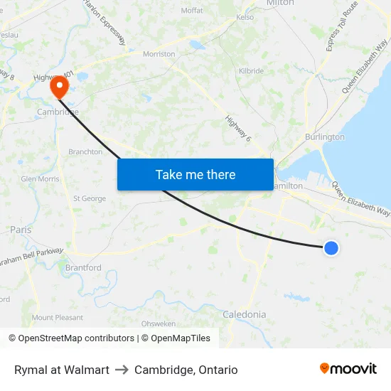 Rymal at Walmart to Cambridge, Ontario map