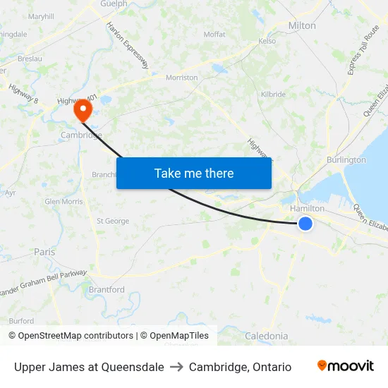 Upper James at Queensdale to Cambridge, Ontario map