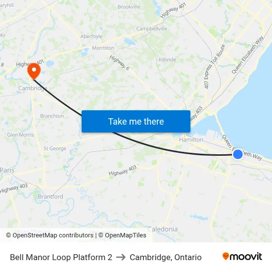 Bell Manor Loop Platform 2 to Cambridge, Ontario map