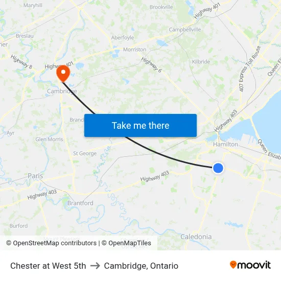 Chester at West 5th to Cambridge, Ontario map