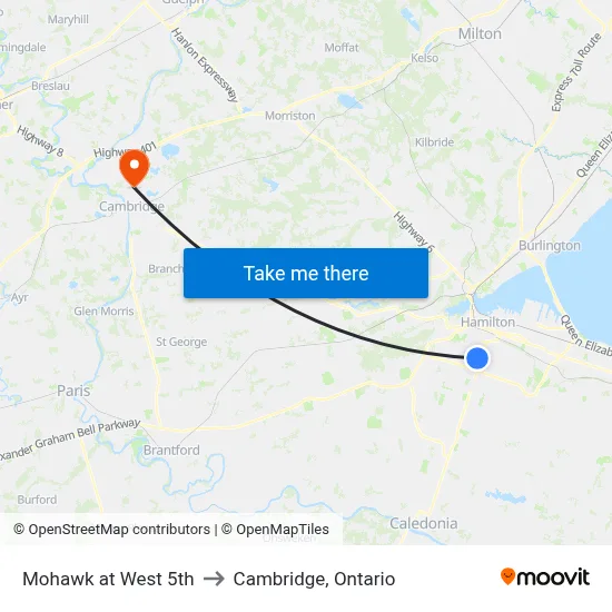 Mohawk at West 5th to Cambridge, Ontario map