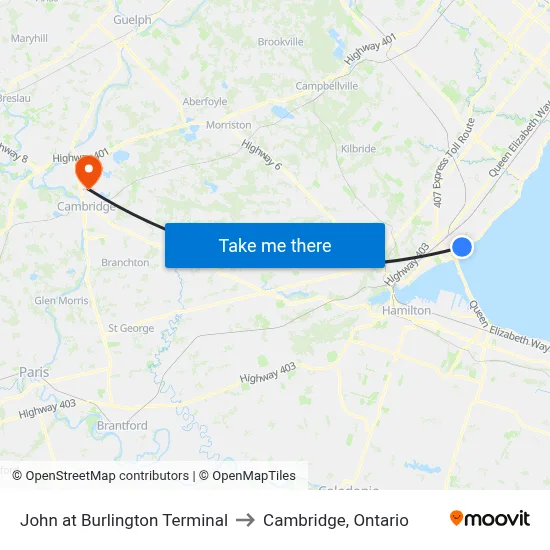 John at Burlington Terminal to Cambridge, Ontario map