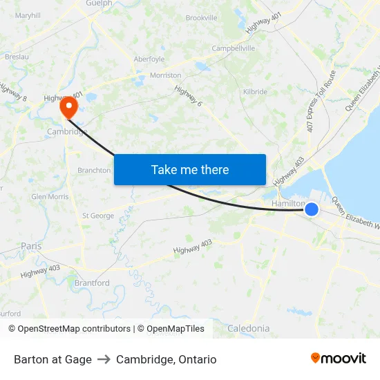 Barton at Gage to Cambridge, Ontario map