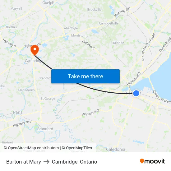 Barton at Mary to Cambridge, Ontario map
