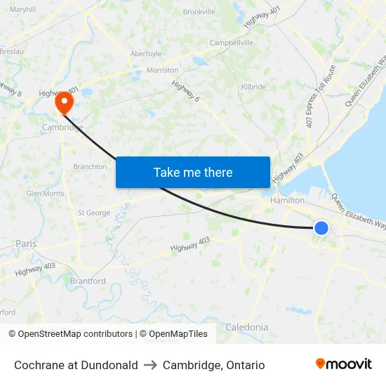Cochrane at Dundonald to Cambridge, Ontario map