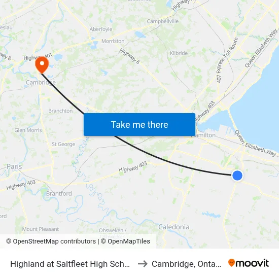 Highland at Saltfleet High School to Cambridge, Ontario map