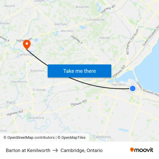 Barton at Kenilworth to Cambridge, Ontario map