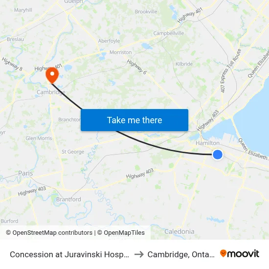 Concession at Juravinski Hospital to Cambridge, Ontario map