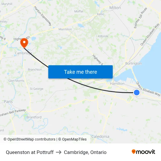 Queenston at Pottruff to Cambridge, Ontario map