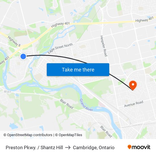 Preston Pkwy. / Shantz Hill to Cambridge, Ontario map