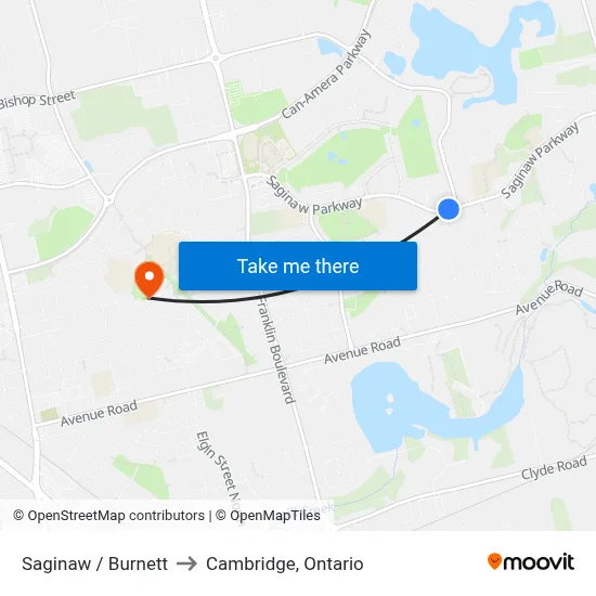 Saginaw / Burnett to Cambridge, Ontario map
