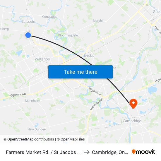 Farmers Market Rd. / St Jacobs Market to Cambridge, Ontario map