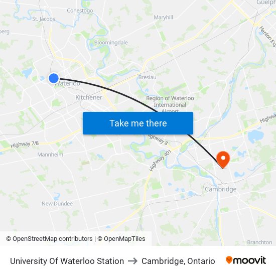 University Of Waterloo Station to Cambridge, Ontario map