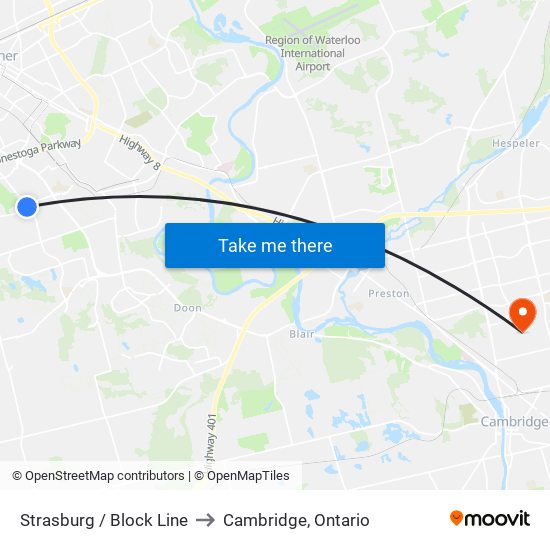 Strasburg / Block Line to Cambridge, Ontario map