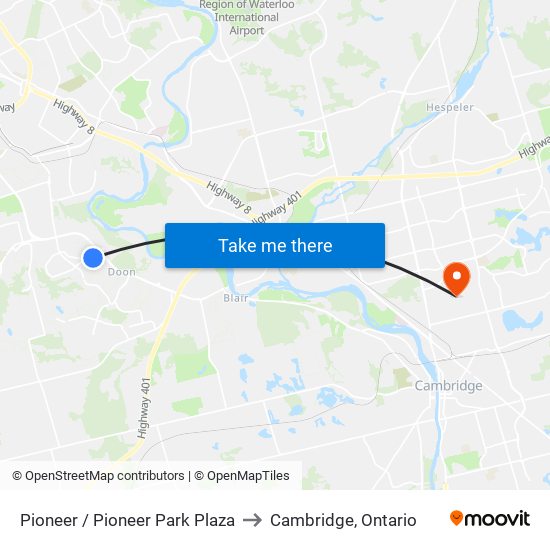 Pioneer / Pioneer Park Plaza to Cambridge, Ontario map