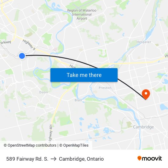 589 Fairway Rd. S. to Cambridge, Ontario map