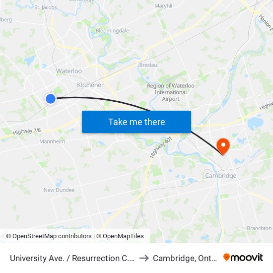 University Ave. / Resurrection C. S. S. to Cambridge, Ontario map