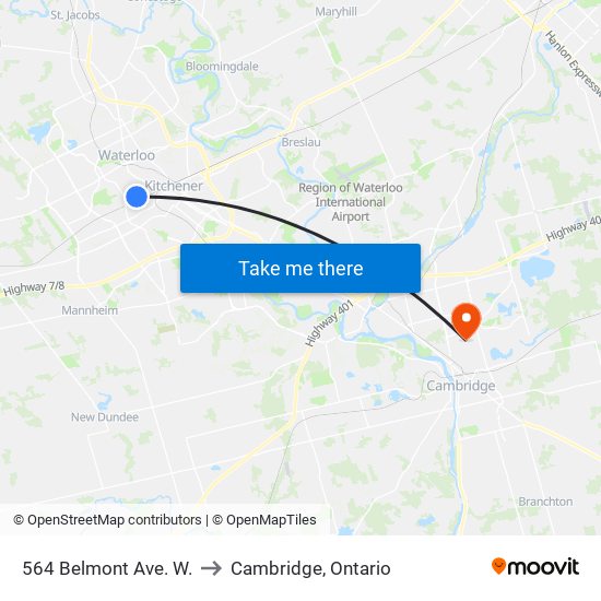 564 Belmont Ave. W. to Cambridge, Ontario map
