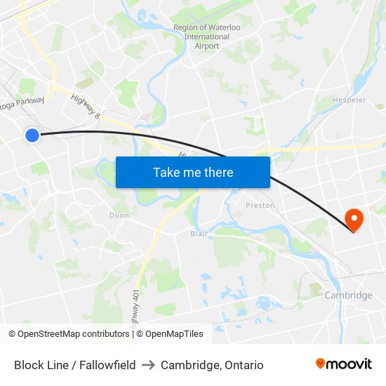 Block Line / Fallowfield to Cambridge, Ontario map