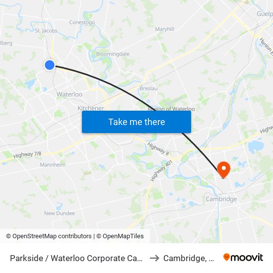 Parkside / Waterloo Corporate Campus - North to Cambridge, Ontario map