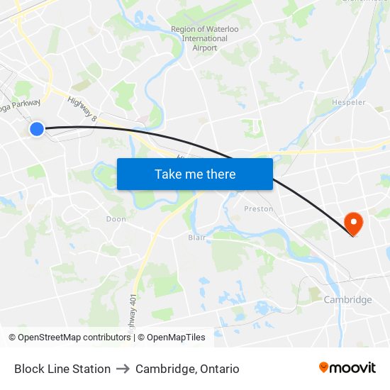 Block Line Station to Cambridge, Ontario map