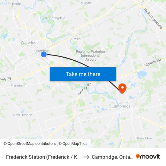 Frederick Station (Frederick / King) to Cambridge, Ontario map