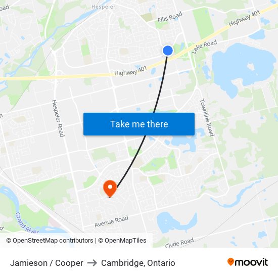 Jamieson / Cooper to Cambridge, Ontario map