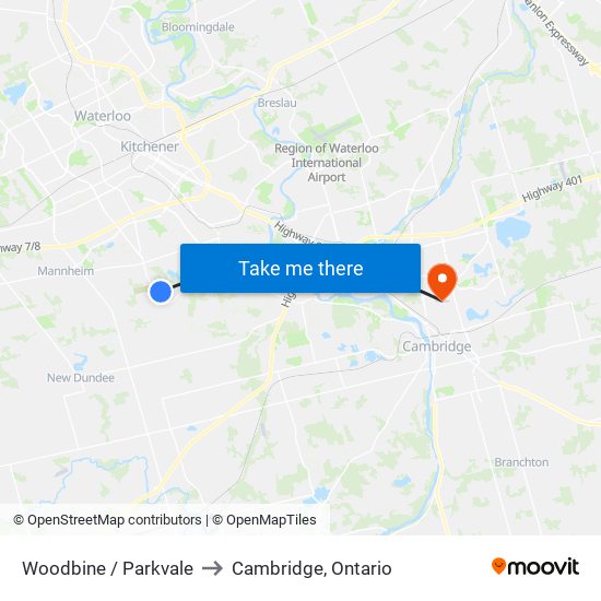 Woodbine / Parkvale to Cambridge, Ontario map