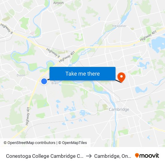 Conestoga College Cambridge Campus to Cambridge, Ontario map