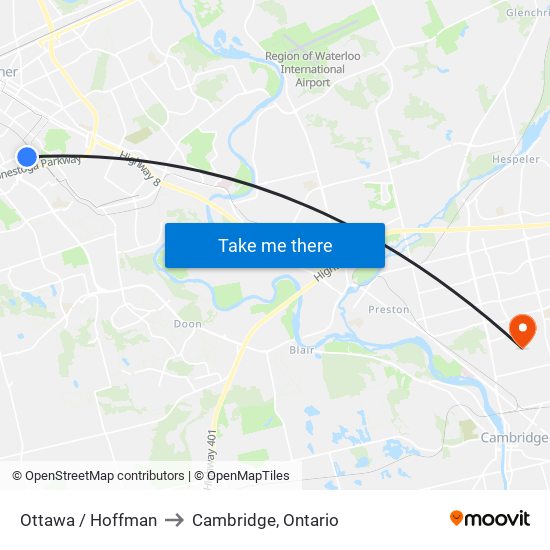 Ottawa / Hoffman to Cambridge, Ontario map