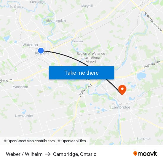 Weber / Wilhelm to Cambridge, Ontario map